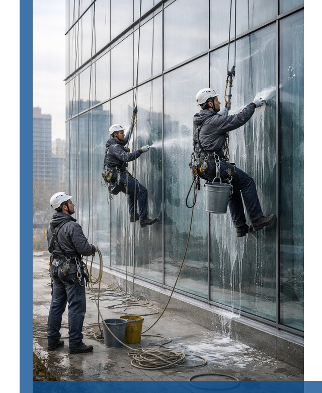 Промышленная мойка панорамных окон на высоте в Михайловке