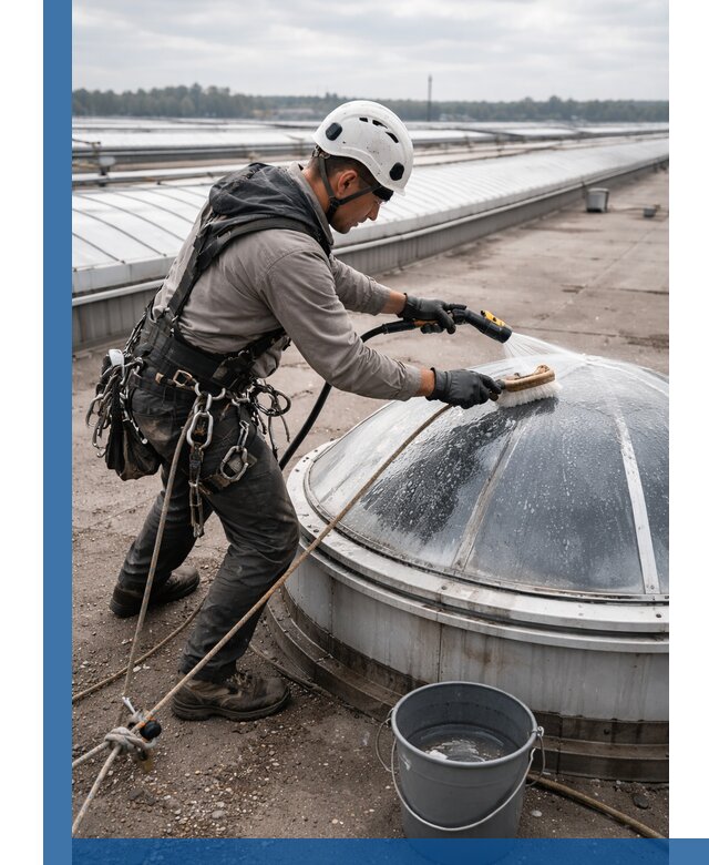 Мойка зенитных фонарей на кровле для промышленных объектов в Михайловке