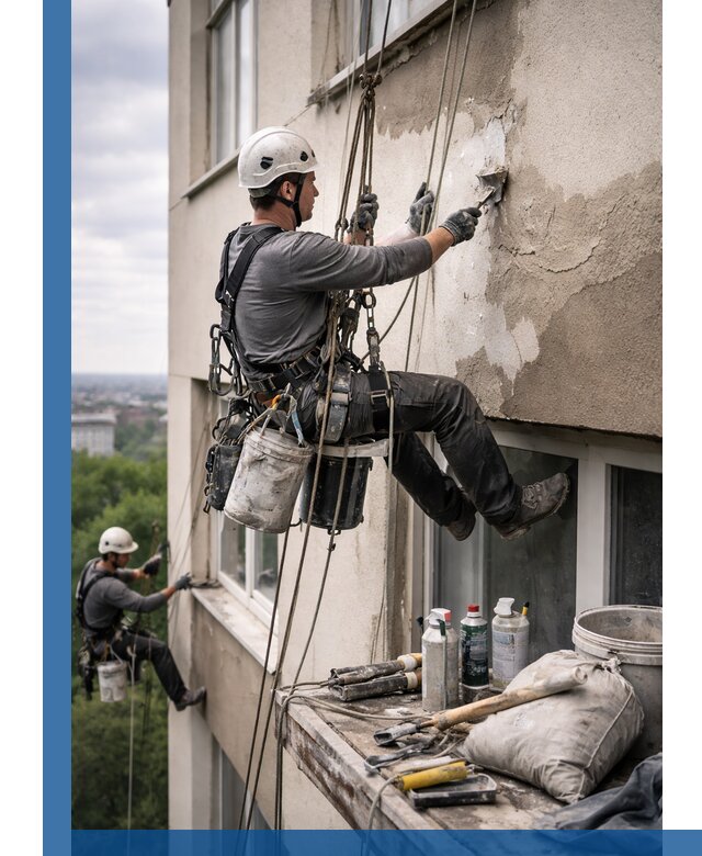 Косметический ремонт фасада зданий в Михайловке промышленными альпинистами