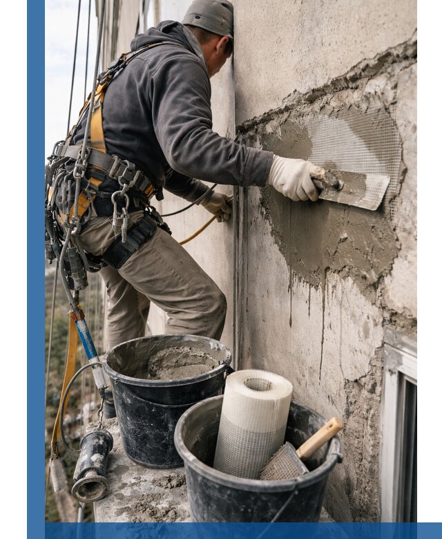 Ремонт бетонных элементов фасада промышленными альпинистами в Михайловке