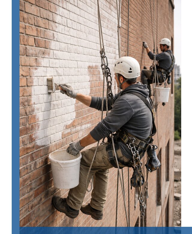 Покраска кирпичного фасада с доступным альпинистским сервисом в Михайловке