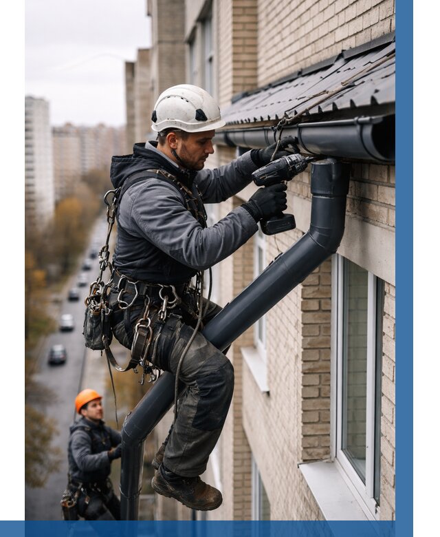 Монтаж водосточной системы на здании в Михайловке от 5084 р. | ВЫСОТНИК-Мхл