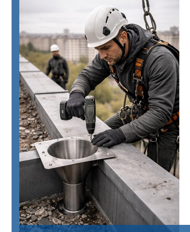 Монтаж водосточных воронок в Михайловке для промышленных зданий