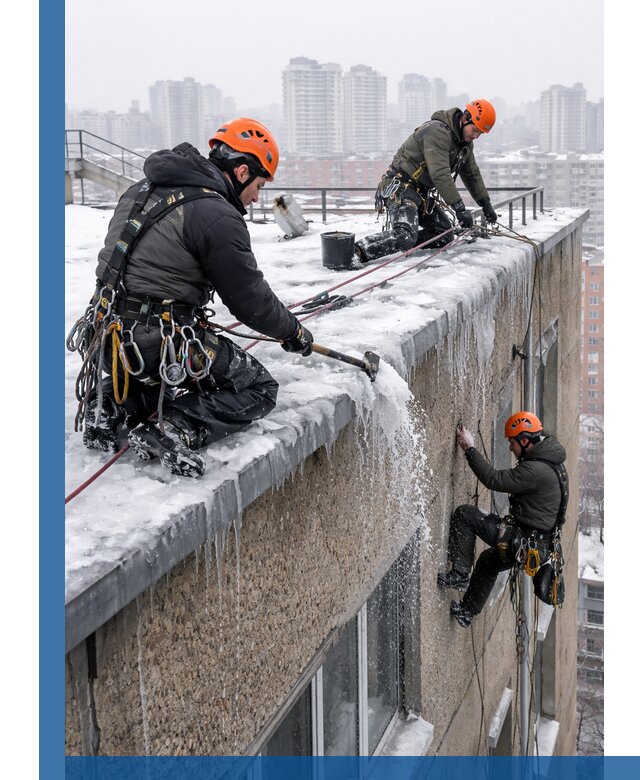 Удаление наледи с кровли в Михайловке промышленными альпинистами
