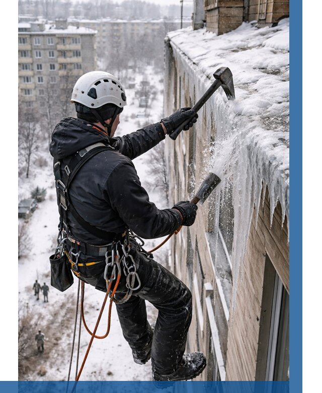 Сбивание сосулек с крыши в Михайловке по цене от 4575 р. | ВЫСОТНИК-Мхл