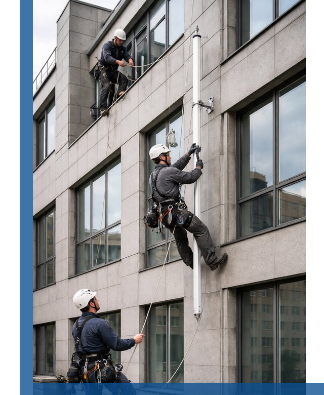Монтаж флагштока на фасаде здания с креплением и герметикой в Михайловке