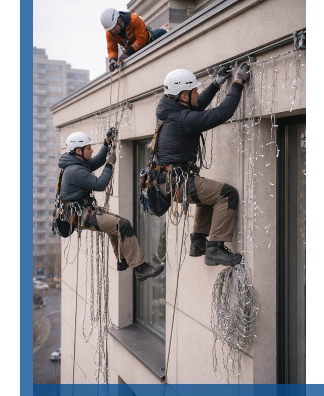 Монтаж праздничных гирлянд на фасаде в Михайловке для зданий