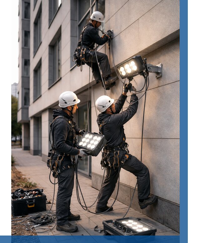 Монтаж прожекторов на фасаде в Михайловке от 7625 р. | ВЫСОТНИК-Мхл