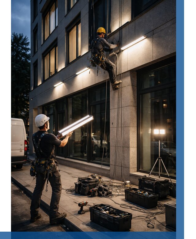 Монтаж архитектурной подсветки здания в Михайловке от 2542 р.|ВЫСОТНИК-Мхл