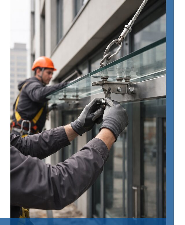 Монтаж стеклянных козырьков в Михайловке от 8642 р. | ВЫСОТНИК-Мхл