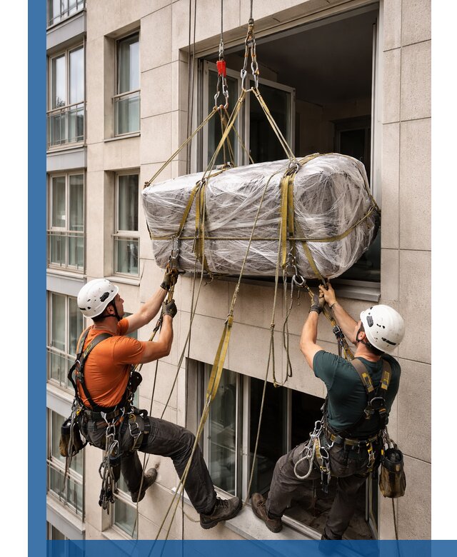 Подъем грузов через окно в Михайловке промышленными альпинистами