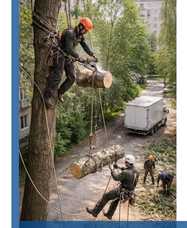 Спил деревьев альпинистами в Михайловке, безопасно и без повреждений