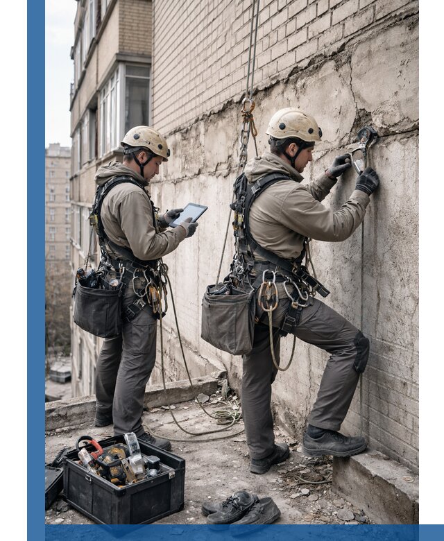 Обследование фасада промышленными альпинистами в Михайловке